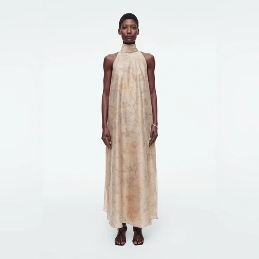 COS Floral-print Halterneck A-line Maxi Dress In Beige
